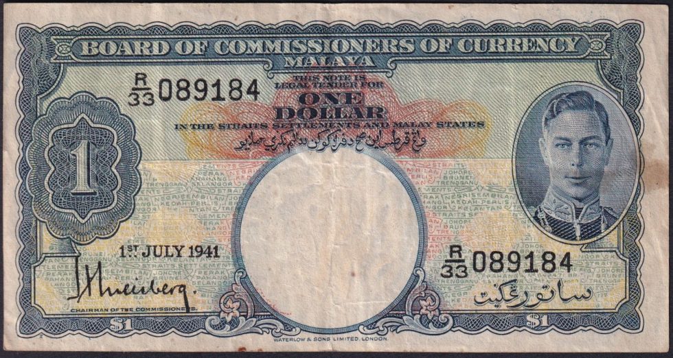 Malaya 1941 One Dollar Good Fine Stains The Purple Penny