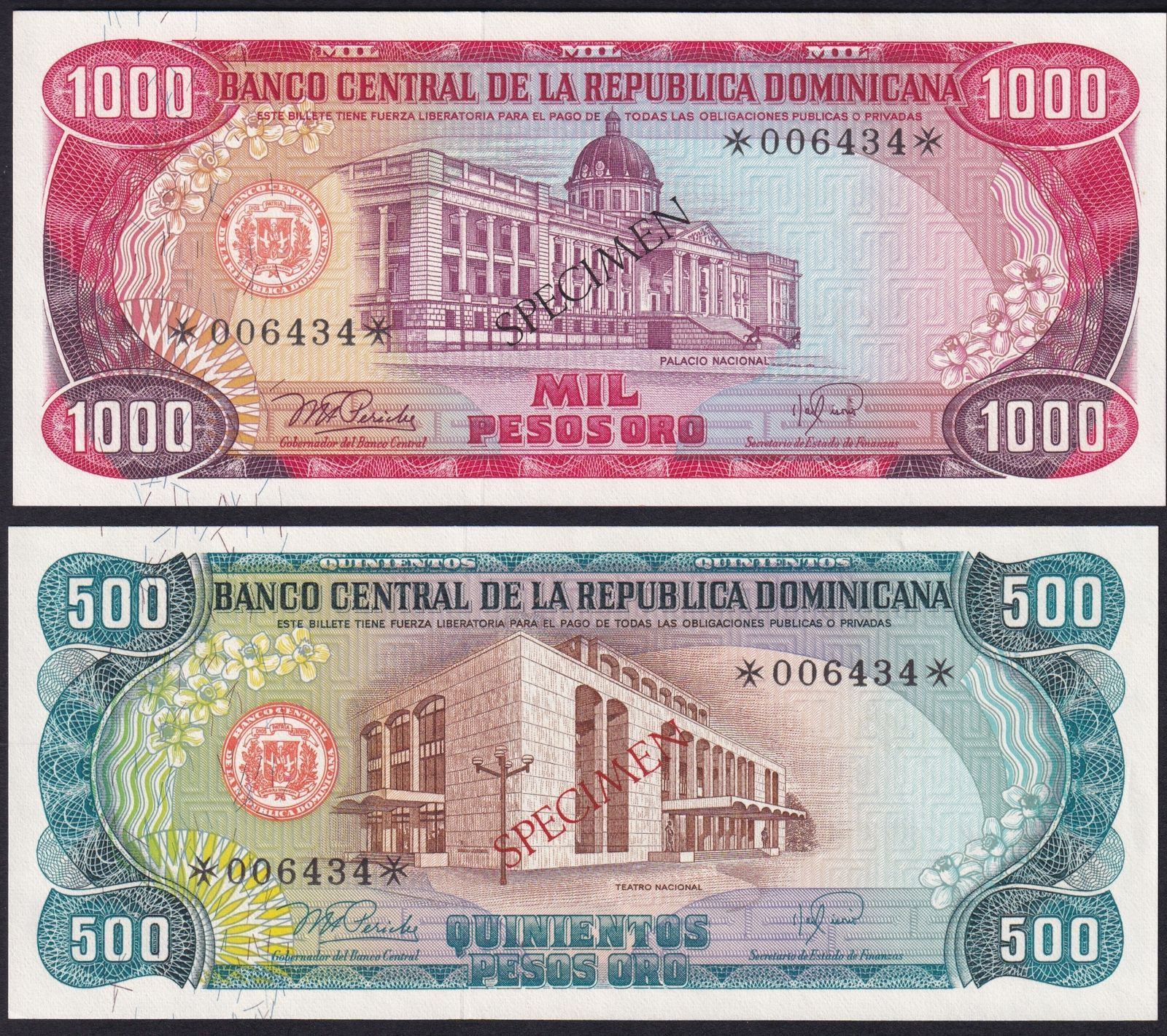 Dominican Republic 1978 Eight Note Specimen Set 1 Peso To 1000 Pesos 